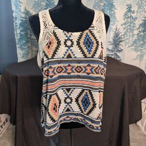No Boundaries Lace-Back Aztec Print Tank Top – Size Large